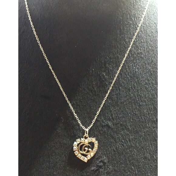 Fashion Double G Heart Clear Stones Charm On 20” .925 Silver Dainty Necklace GUC - Picture 1 of 9